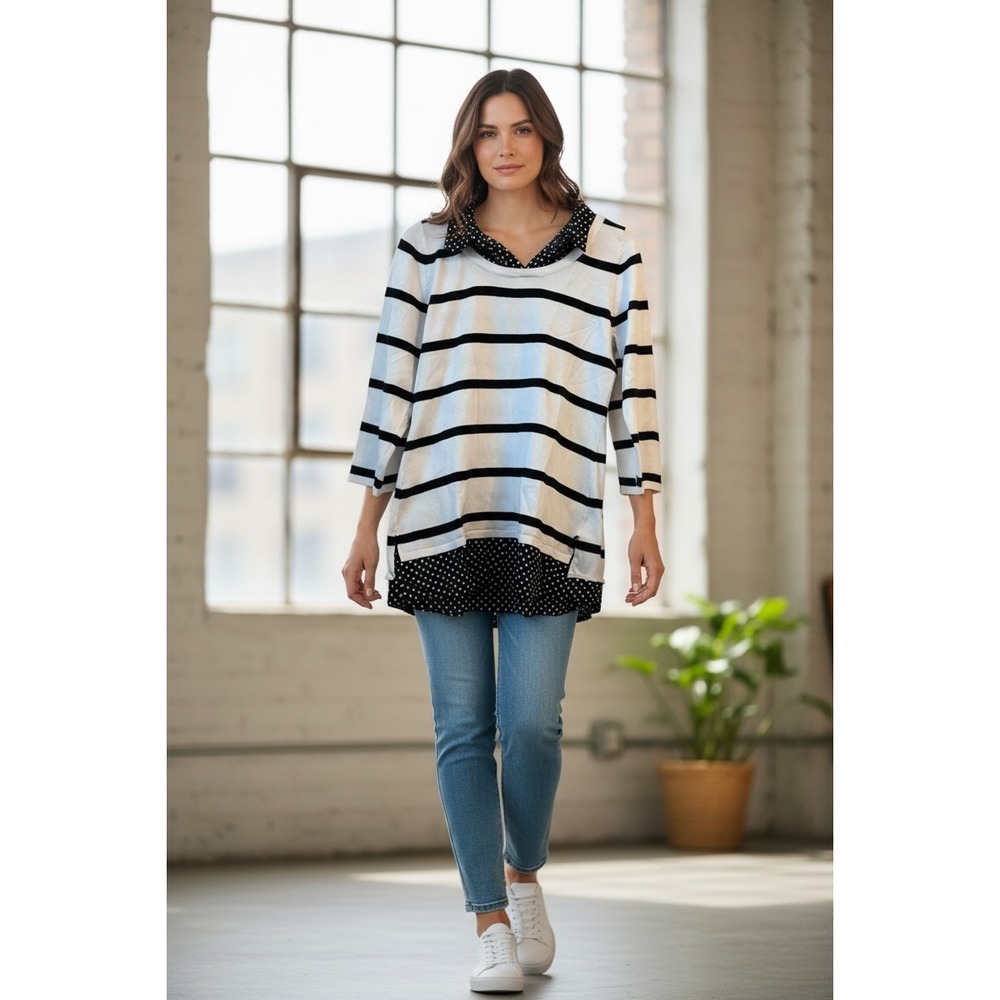 Bellini Women's Striped Tunic Top with Polka Dot Collar and Hem Size L